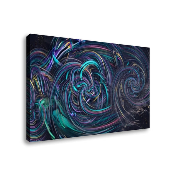 A rectangular wall art canvas featuring an abstract swirling pattern in teal, purple, blue, pink, and yellow over a dark background, shown at an angle on a white studio background.