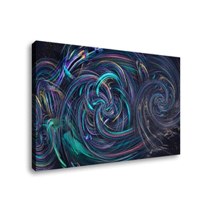 A rectangular wall art canvas featuring an abstract swirling pattern in teal, purple, blue, pink, and yellow over a dark background, shown at an angle on a white studio background.