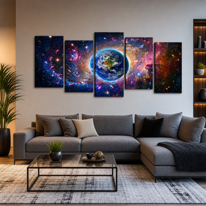 A 5-panel canvas wall art set depicting a colorful cosmic space scene with Earth at the center, displayed above a gray sectional sofa in a modern living room setting.