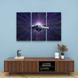 A three-panel canvas wall art set depicting a spaceship in a purple and blue starburst galaxy, displayed on a light blue wall above a wooden console table with decorative items.