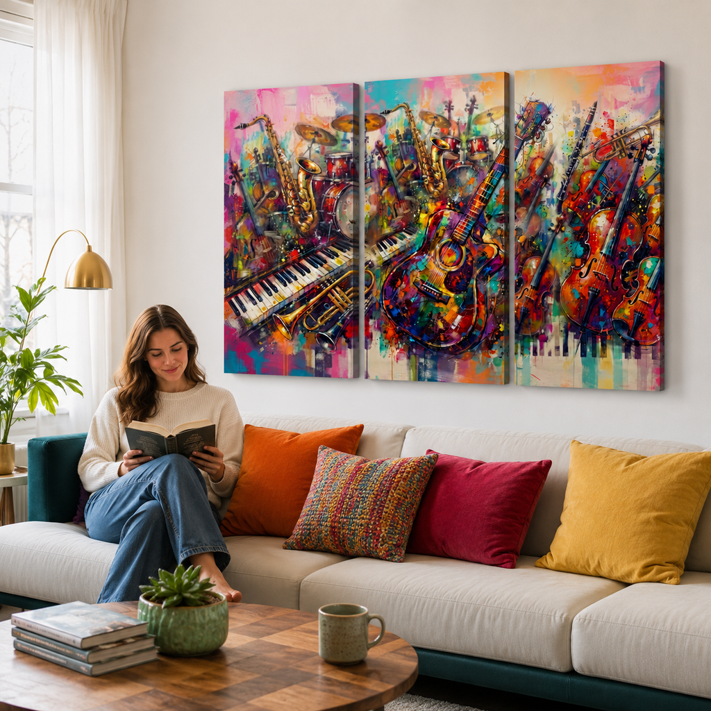 A woman sits on a beige sofa in a living room, reading a book. The wall above the sofa features a three-panel canvas art print depicting a colorful, expressive painting of musical instruments including saxophones, violins, guitars, and a piano.