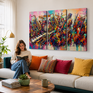A woman sits on a beige sofa in a living room, reading a book. The wall above the sofa features a three-panel canvas art print depicting a colorful, expressive painting of musical instruments including saxophones, violins, guitars, and a piano.