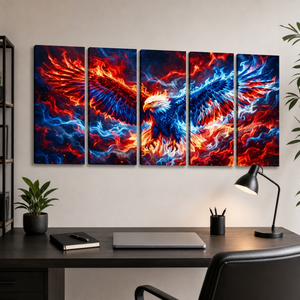 Inferno Eagle Canvas Wall Art – Patriotic Red White & Blue Fire | 5-Panel Level Patriotic Print