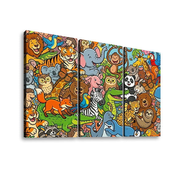 A three-panel canvas wall art set featuring a dense, colorful cartoon illustration of various animals including lions, tigers, elephants, zebras, pandas, foxes, and monkeys on a white background.