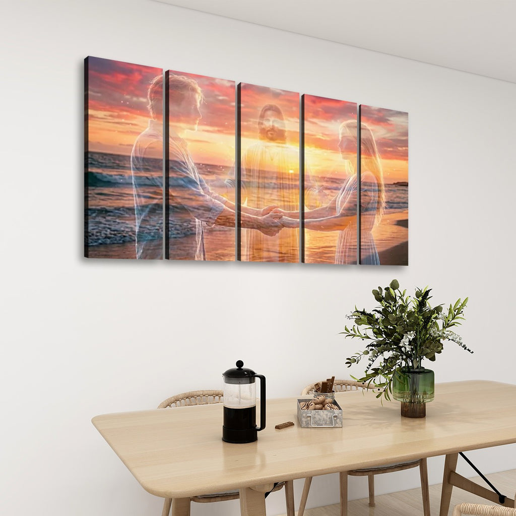 Jesus Christ Loving Couple Sunset Beach 5 Panel Level Canvas Wall Art