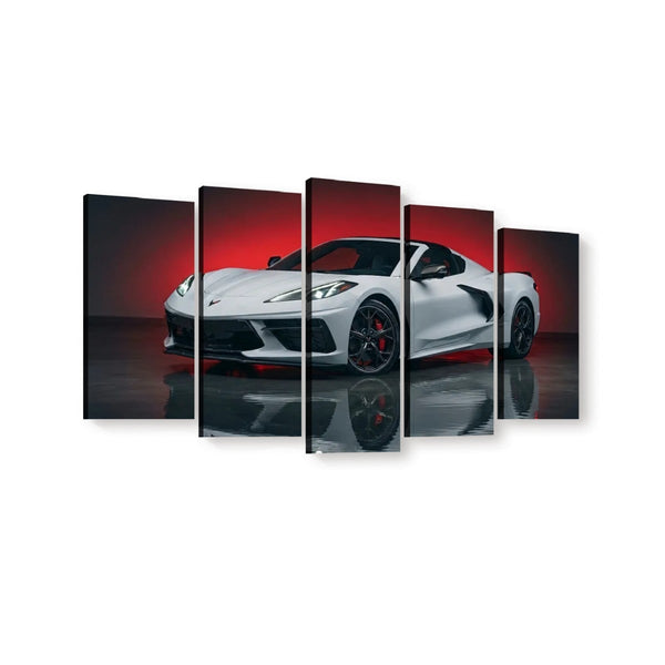 A 5-panel canvas wall art print depicting a white sports car on a dark reflective floor with a red gradient background, shown against a plain white wall.