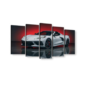 A 5-panel canvas wall art print depicting a white sports car on a dark reflective floor with a red gradient background, shown against a plain white wall.