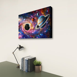 A rectangular wall art canvas showing a vivid outer-space scene with planets, stars, and a colorful nebula, displayed above a desk with books, a lamp, and a small plant against a light wall.