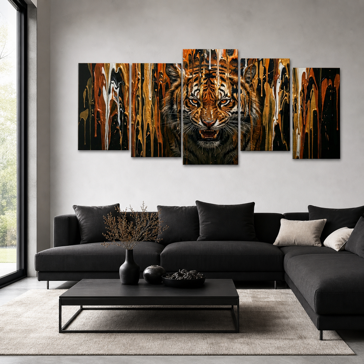 Tiger Bursting Through Dripping Paint Canvas Wall Art – Unleashed | Multi-Panel Wildlife Print