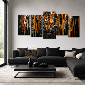 Unleashed – Tiger Bursting Through Dripping Paint 5-Panel Canvas Wall Art