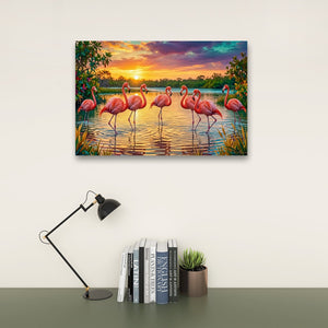 A rectangular wall art print showing a sunset scene with pink flamingos standing in shallow water, displayed above a desk with a black lamp, books, and a small potted succulent against a light wall.