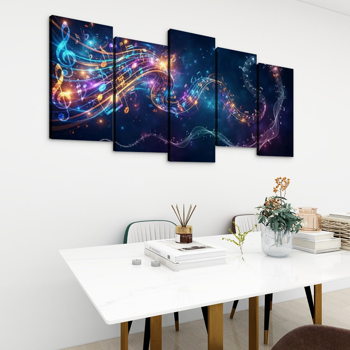 Abstract Musical Notes Ribbon — Multi-Color 1, 3, 5-Panel Split Canvas Wall Art