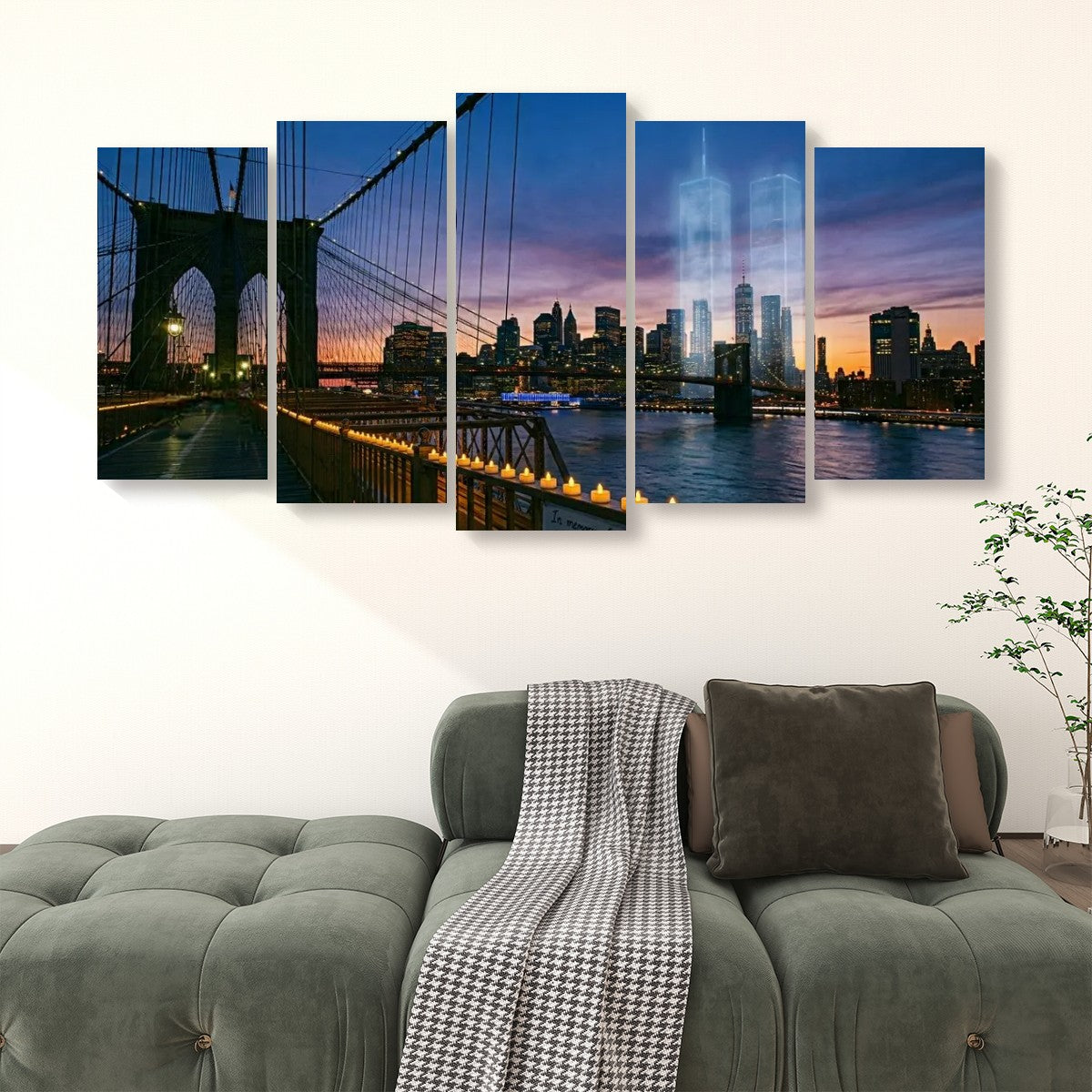 A 5-panel canvas wall art set depicting a New York City skyline at dusk, hung above a green tufted sofa in a living room setting.