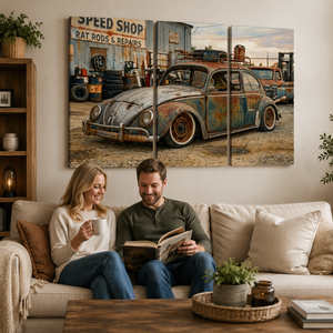 A three-panel canvas wall art print depicting a rusty vintage Volkswagen Beetle in a speed shop, displayed on a beige wall above a living room sofa with a couple reading a book.