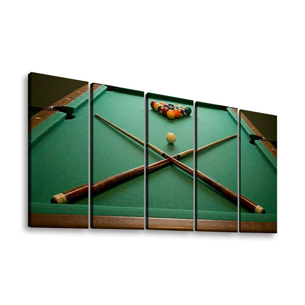 A five-panel canvas wall art print depicting a green pool table with crossed pool sticks, a single ball, and a racked set of balls, shown against a plain white background.