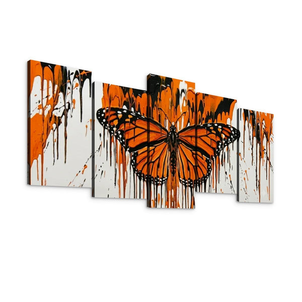 Monarch Butterfly Dripping Paint Canvas Wall Art – Reign of Color | 5-Panel Abstract Print