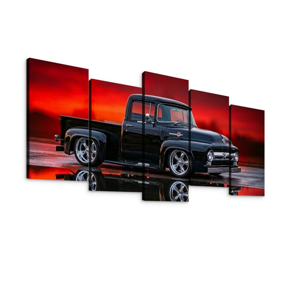1956 Ford F100 Truck Reflection & Red Glow Canvas Wall Art | 1, 3 & 5 Panel Classic Truck Print