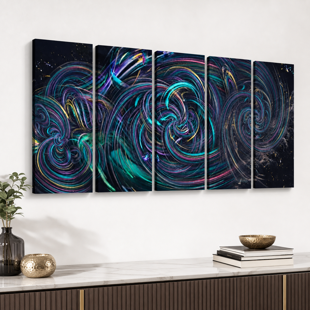 A six-panel canvas wall art set featuring an abstract swirling cosmic design in vibrant neon colors on a black background, displayed on a white wall above a console table with decorative items.