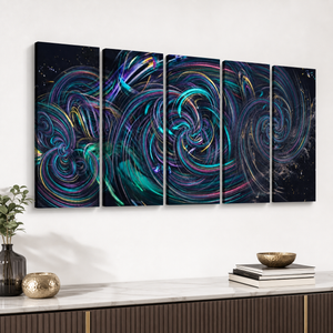 A six-panel canvas wall art set featuring an abstract swirling cosmic design in vibrant neon colors on a black background, displayed on a white wall above a console table with decorative items.