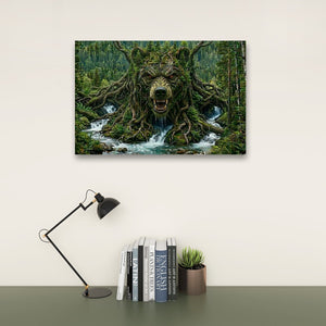 A rectangular wall art print showing a forest stream with a large tree-root bear head, displayed above a desk with a black lamp, books, and a small succulent against a light beige wall.