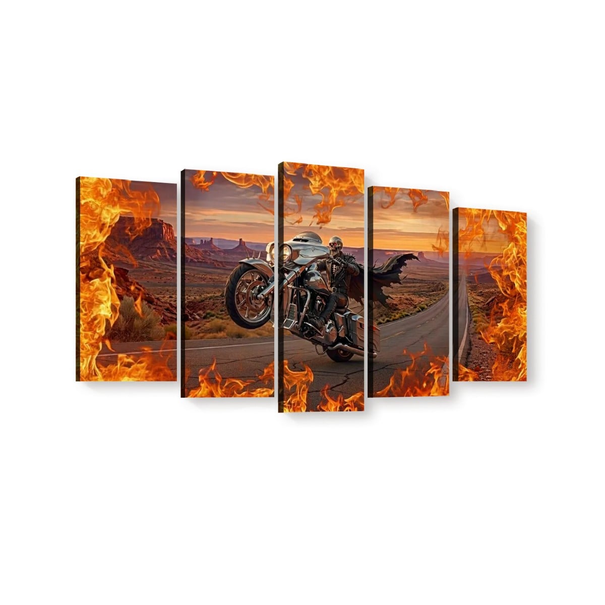 Skeleton Fire Bagger Chrome Motorcycle Tank, Saddlebags w/ Fire Split Canvas Panel Wall Art