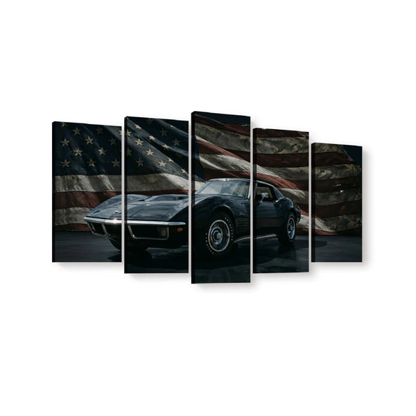 A five-panel canvas wall art set showing a dark classic 1972 Corvette sports car in front of a faded American flag, displayed against a plain white background.