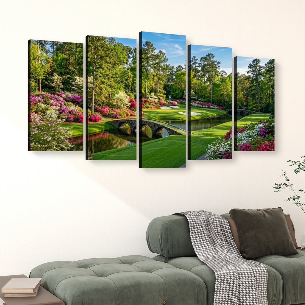Georgia Golf Course Canvas Wall Art — Flowers, Water & Bridge Multi-Panel Print