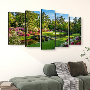 Georgia Golf Course Canvas Wall Art — Flowers, Water & Bridge Multi-Panel Print