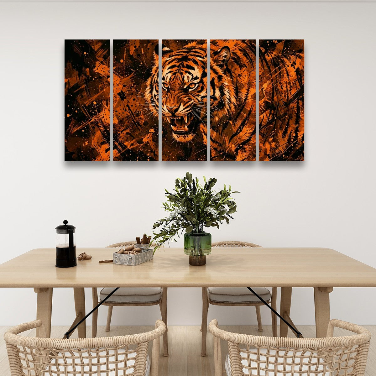 A five-panel canvas wall art set depicting a roaring tiger in fiery orange and black tones, displayed above a light wood dining table with woven chairs in a modern dining room setting.