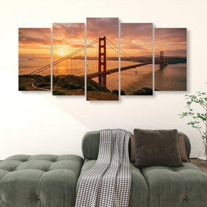 Golden Gate at Golden Hour – 5-Panel Canvas Wall Art