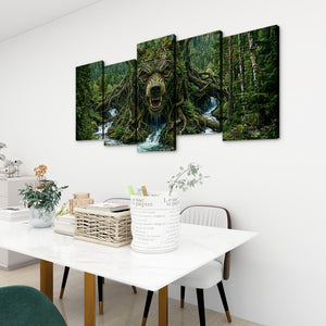 A 5-panel canvas wall art set depicting a roaring forest wolf emerging from a mossy tree root in a lush green forest, displayed on a white wall above a dining table in a modern room setting.
