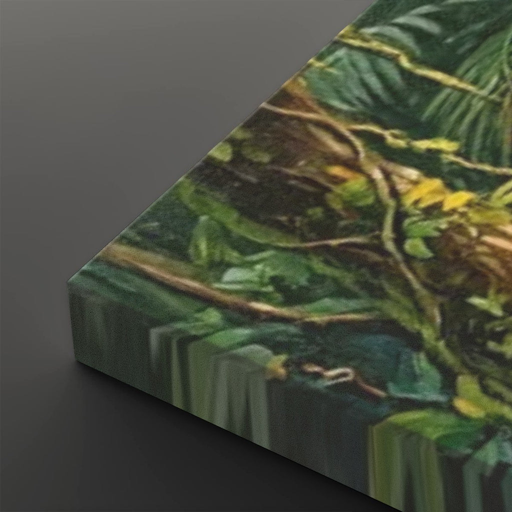 A close-up angled view of a canvas print showing a detailed painting of a lush green jungle canopy with vines and leaves, set against a dark gray background.