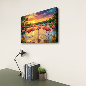 A rectangular canvas wall art print showing a sunset scene with pink flamingos standing in water, displayed on a light wall above a desk with books, a lamp, and a small plant.