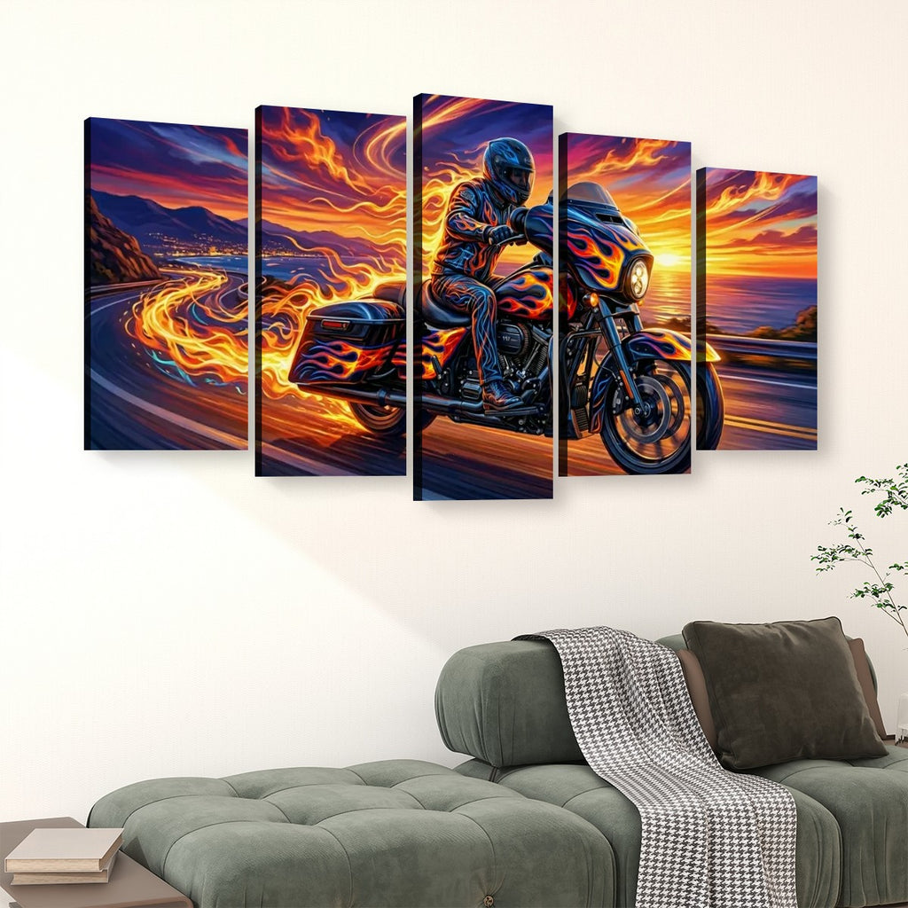 Motorcycle Bagger Abstract Canvas Wall Art | 1, 3 & 5 Panel Staggered Garage & Man Cave Print