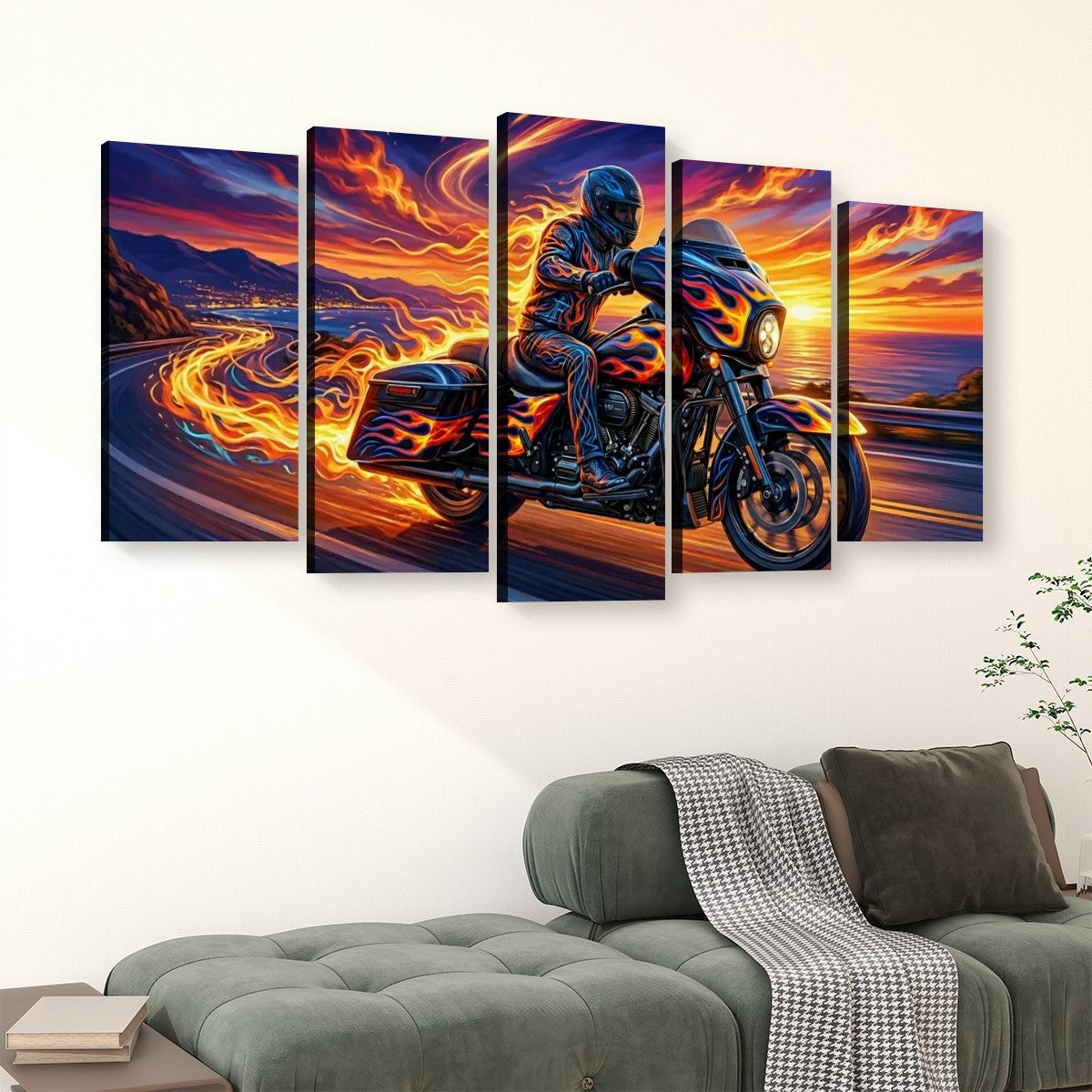 Motorcycle Bagger Abstract Canvas Wall Art | 1, 3 & 5 Panel Staggered Garage & Man Cave Print