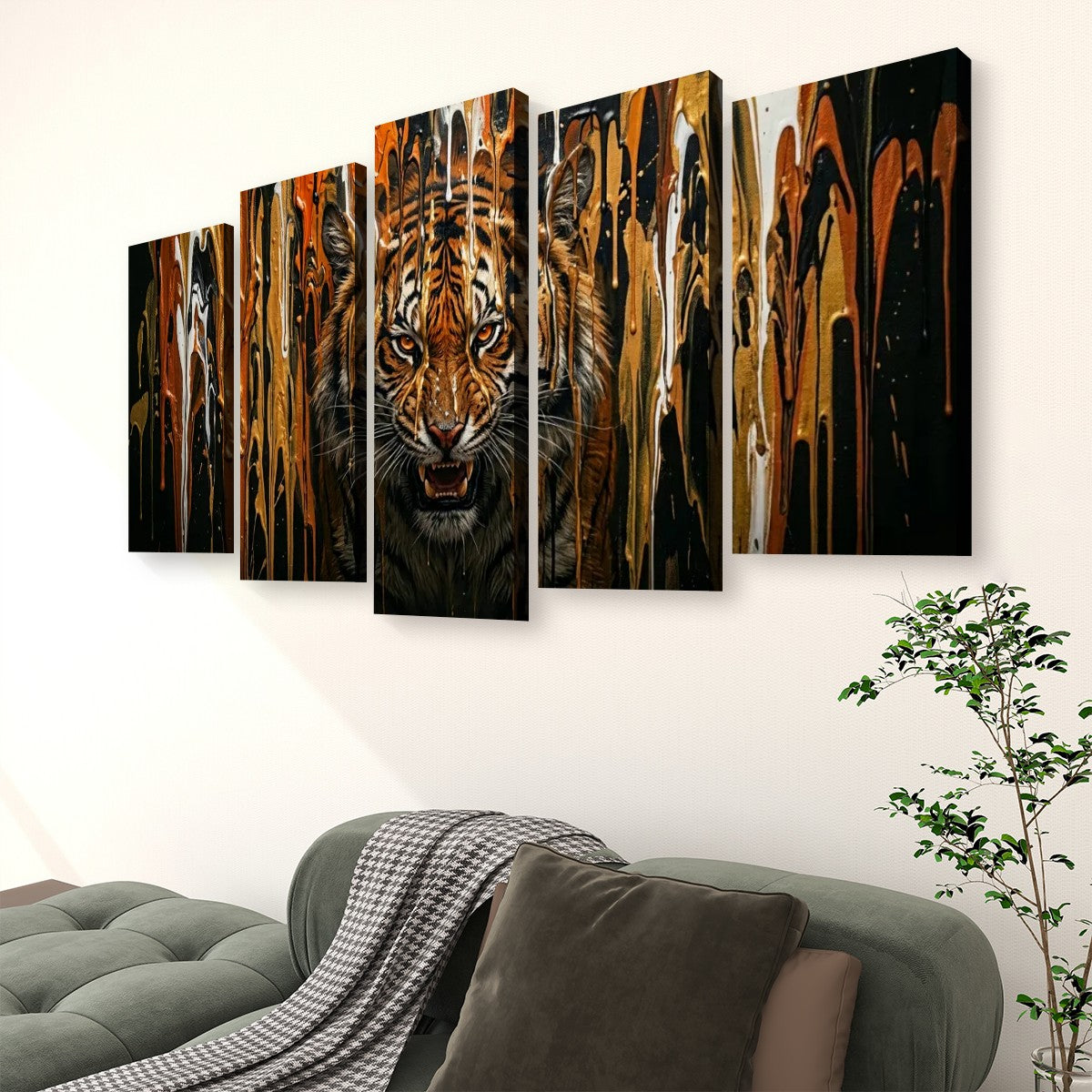 Tiger Bursting Through Dripping Paint Canvas Wall Art – Unleashed | Multi-Panel Wildlife Print