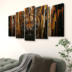 Unleashed – Tiger Bursting Through Dripping Paint 5-Panel Canvas Wall Art