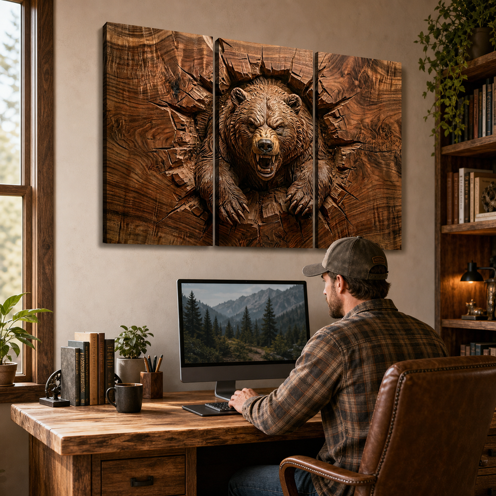 3D Angry Leaping Bear — 3D Sculpted Canvas Wall Art Decor