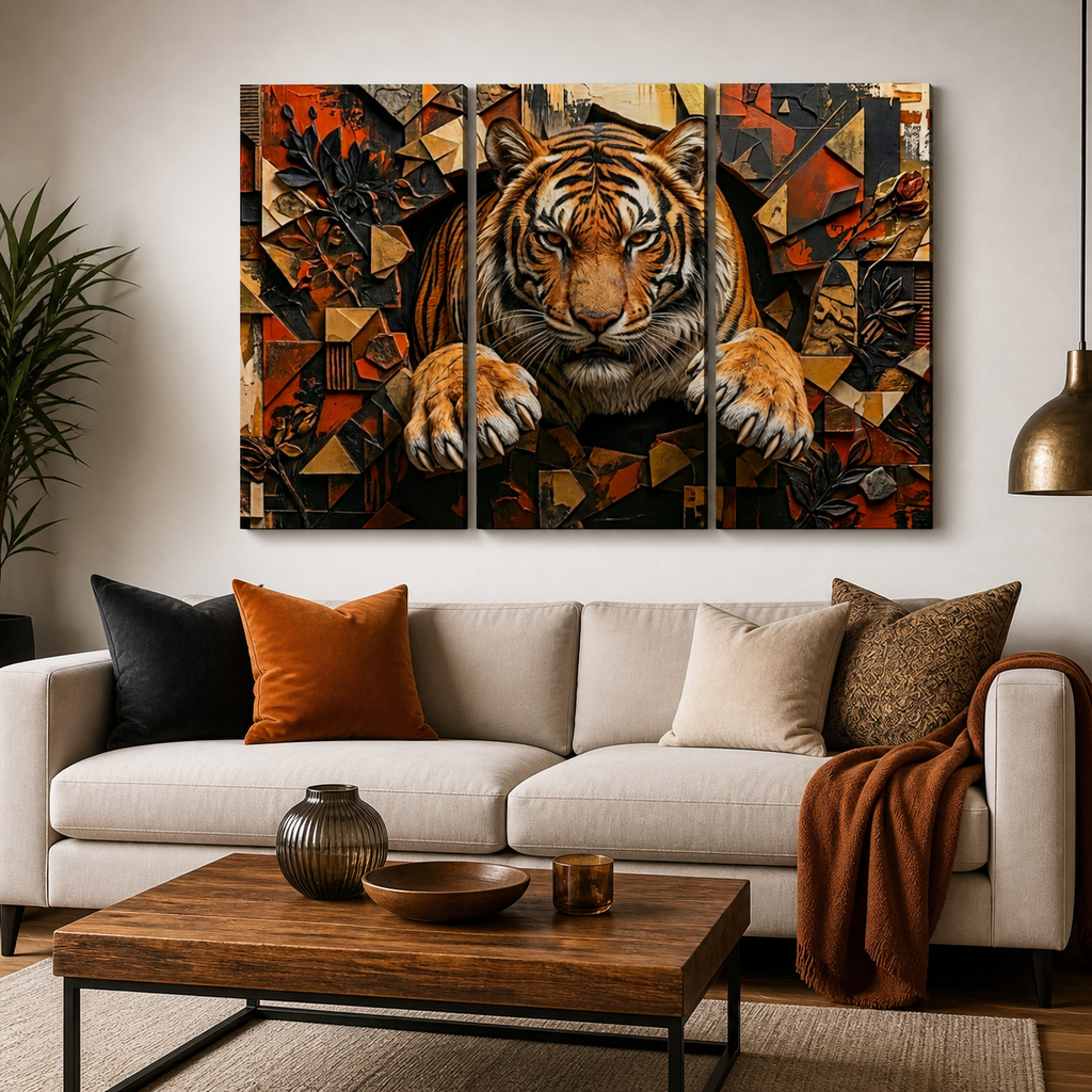 A three-panel canvas wall art set depicting a detailed tiger surrounded by geometric abstract shapes in warm tones, displayed above a modern beige sofa in a styled living room.
