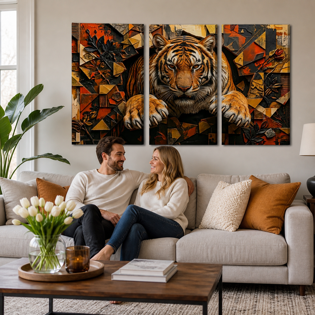 A three-panel canvas wall art set featuring a stylized tiger illustration in warm geometric tones, displayed above a couple sitting on a light gray sofa in a modern living room.