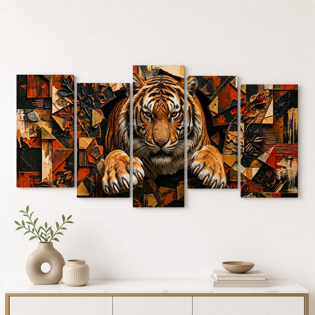 A five-panel canvas wall art set depicting a stylized tiger in an abstract cubist composition, displayed on a white wall above a console table with decorative vases and books.
