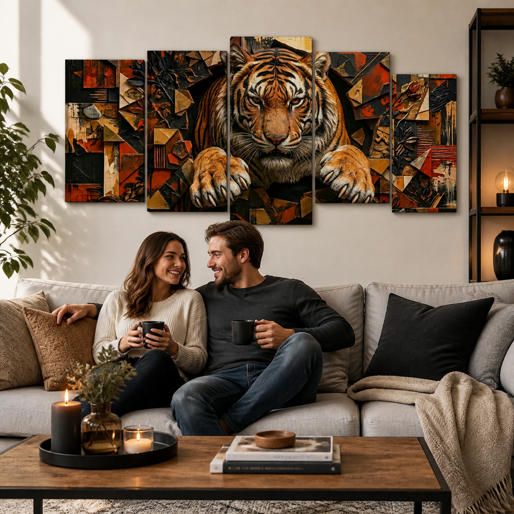A five-panel canvas wall art set depicting a stylized tiger in an abstract cubist composition, displayed above a couple sitting on a sofa in a modern living room setting.