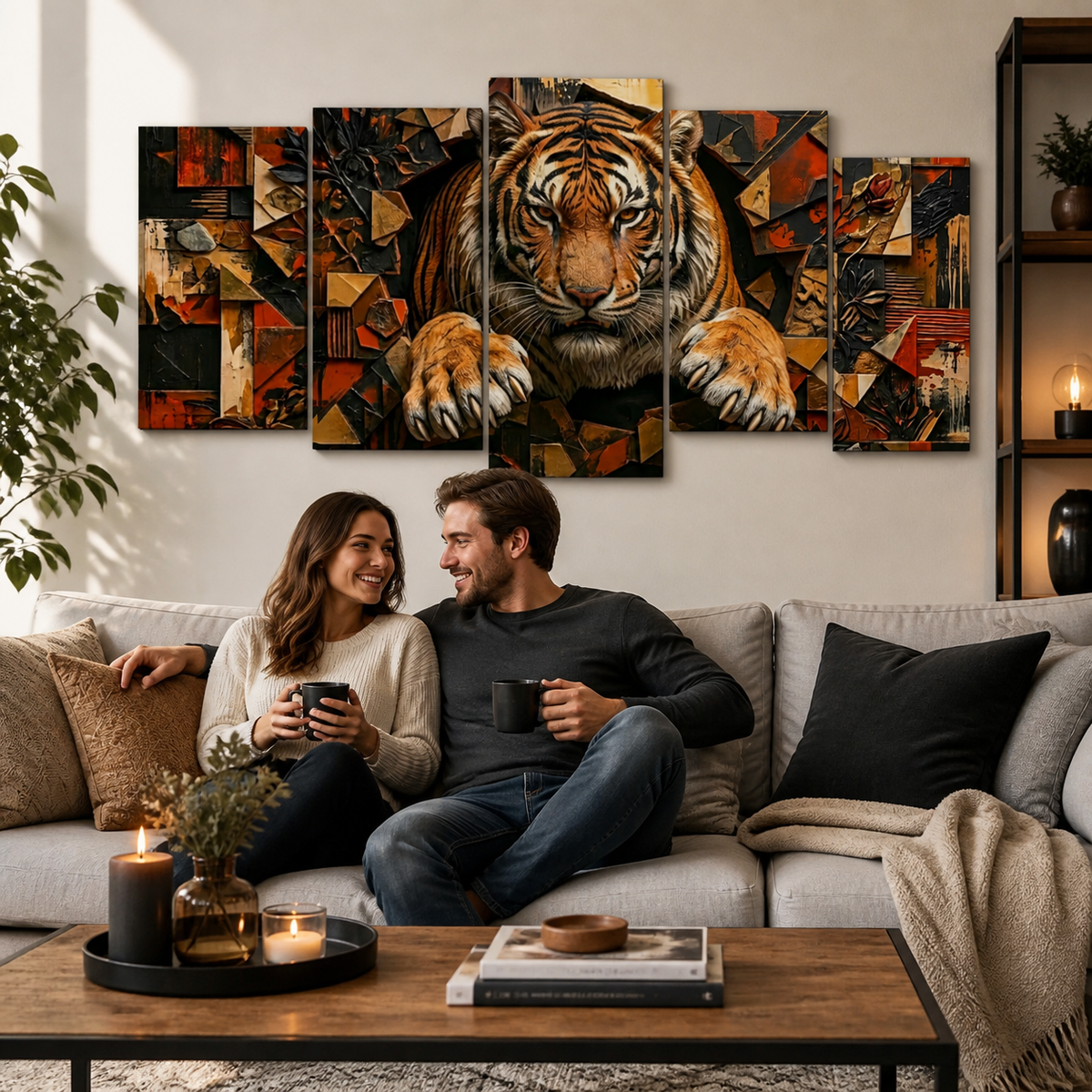 A five-panel canvas wall art set depicting a stylized tiger in an abstract cubist composition, displayed above a couple sitting on a sofa in a modern living room setting.
