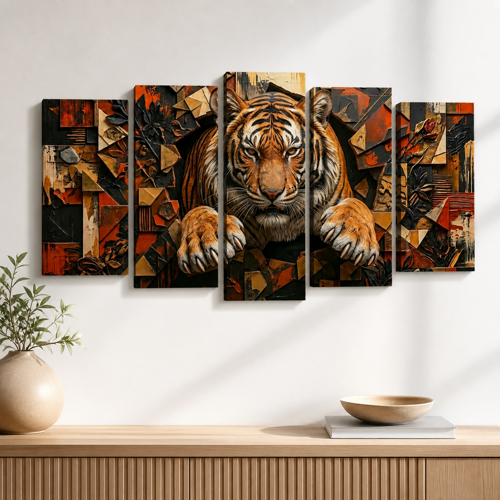 A five-panel canvas wall art set depicting a tiger breaking through abstract geometric artwork, displayed on a white wall above a wooden console table with a vase and bowl.