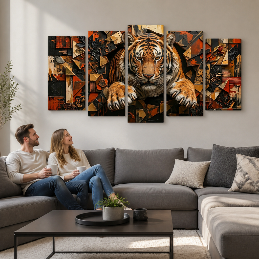 A five-panel canvas wall art set depicting a stylized tiger in warm orange, black, and beige tones, displayed above a gray sectional sofa with a couple sitting in the living room.