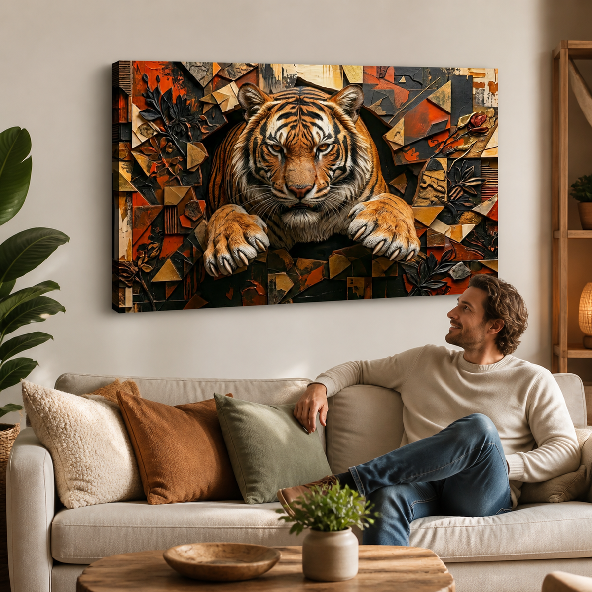 A man relaxes on a beige sofa in a modern living room, looking up at a large wall art canvas featuring a stylized tiger bursting through an abstract geometric background.