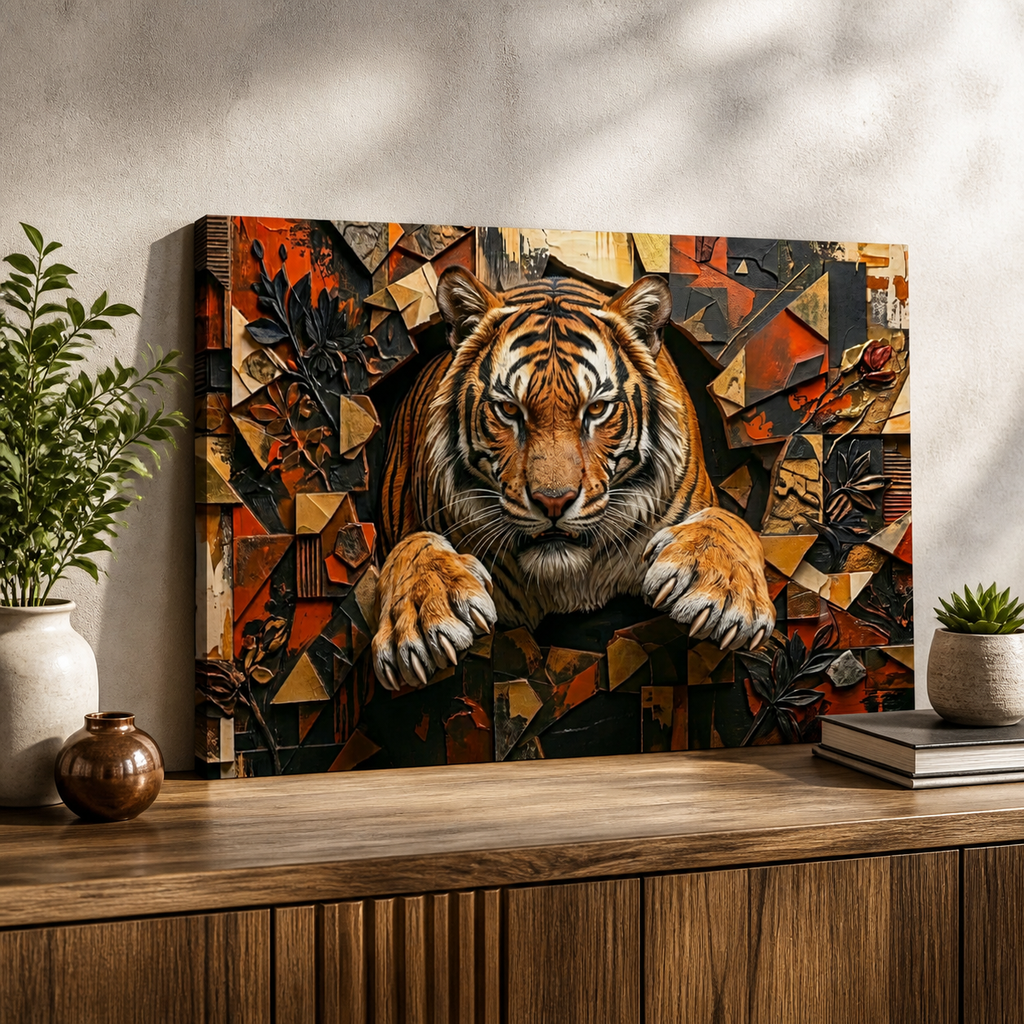 A rectangular wall art print or canvas featuring a stylized tiger breaking through a geometric, collage-like background in orange, black, brown, and cream tones. The artwork is displayed on a wooden console table against a textured wall, with a potted plant on the left and a small succulent and books on the right.
