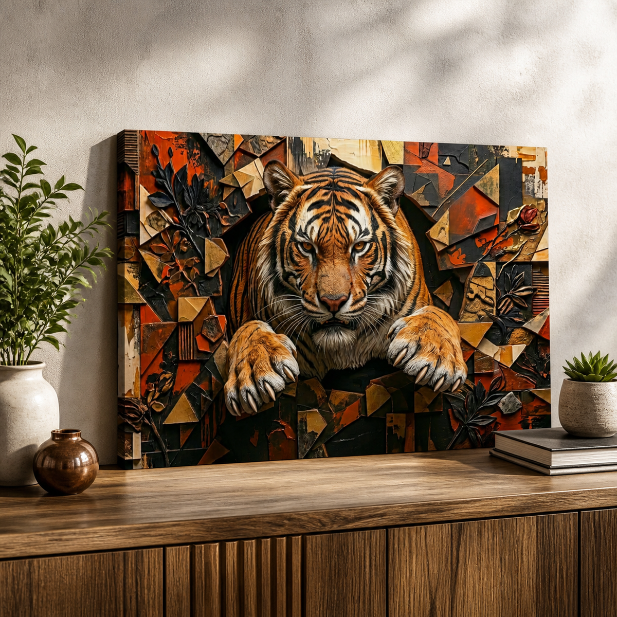 A rectangular wall art print or canvas featuring a stylized tiger breaking through a geometric, collage-like background in orange, black, brown, and cream tones. The artwork is displayed on a wooden console table against a textured wall, with a potted plant on the left and a small succulent and books on the right.
