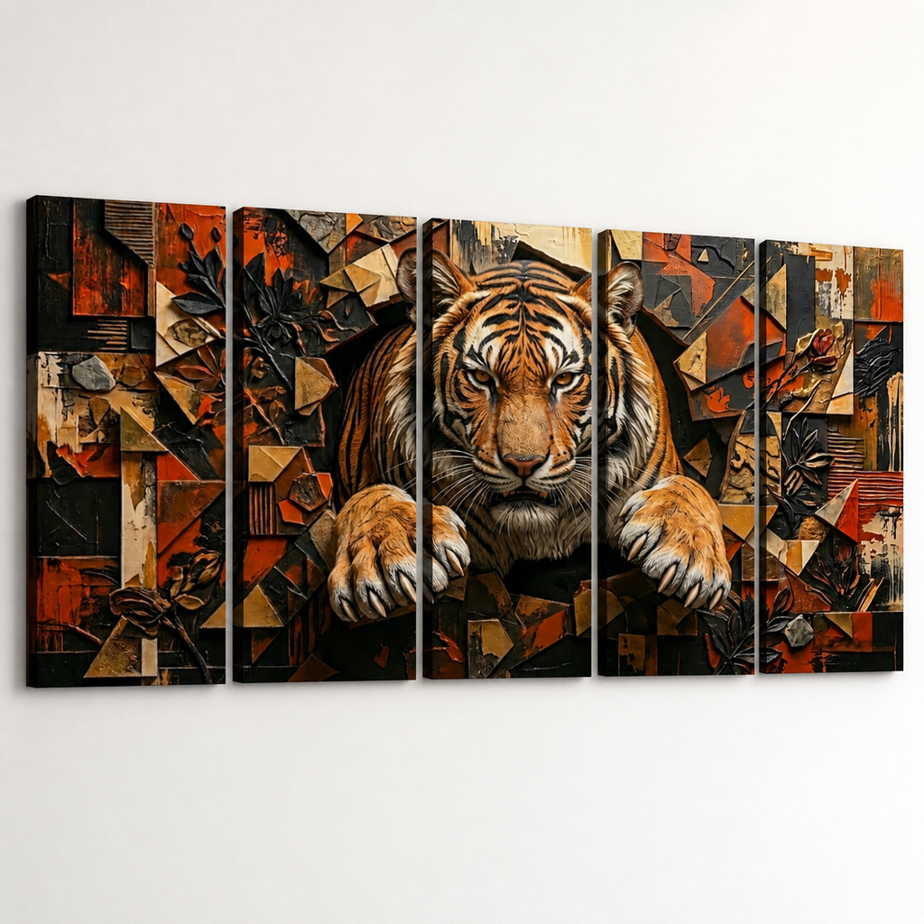 A five-panel canvas wall art set depicting a tiger breaking through an abstract geometric wall in warm orange, brown, black, and beige tones, shown mounted on a white wall.