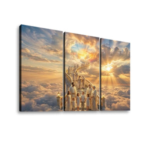 Three-panel canvas wall art showing a heavenly scene with figures walking up a glowing path above clouds, set against a light gray background.